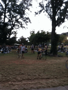 Transition from swim to bicycle segments.