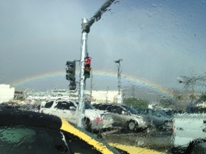 When in Hawai‘i and driving in the rain, and sitting at the stop lights, enjoy the rainbows. 