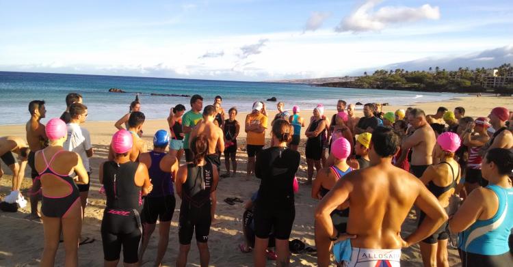 Getting briefed by Raul Torres before our morning swim in Hapuna Bay.