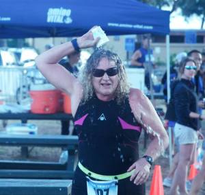 After I brought down the bike rack in the Boca Hawaii Lanikai Triathlon. I always do this little cup shower thing. Mahalo, Edna, for the photo.