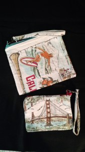 A California tea towel turned into two zip purses with matching straps. 